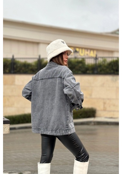 Kadın Gri Geniş Cepli, Kaliteli Jeans Kumaş, Salaş Kot Ceket Gri