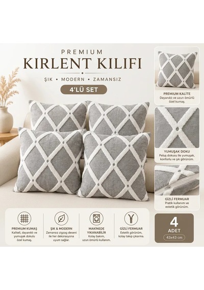 Premium Kırlent Kılıfı 4'lü Set 43x43 Cm Baklava Gri-beyaz