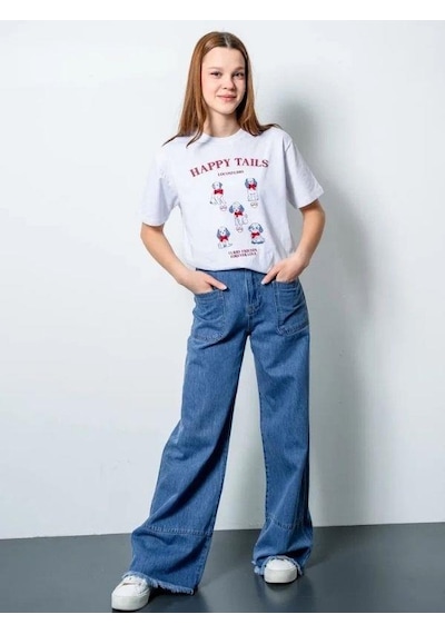 Zekids Kız Çocuk Oversize Köpek Baskılı Tasarım T-shirt-15806 Beyaz