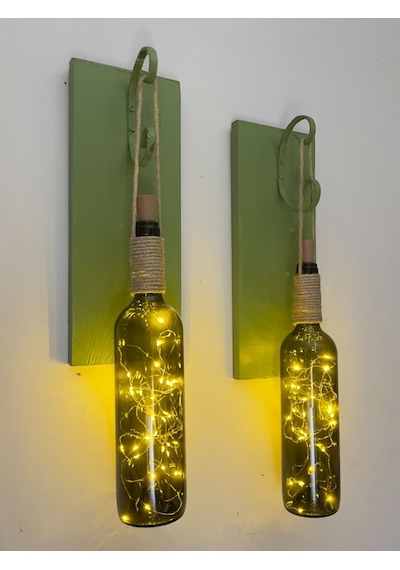 Led Işıklı Yeşil Ahşap Renkli Retro Şarap Şişesi Duvar Aplik 2'li Set Yeşil