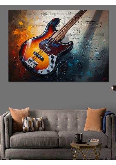 Ahşap Tablo Elektro Gitar Ve Renkli Boya Patlaması İnsan Figürlü Tablolar