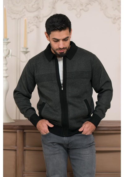 Woolen World Polo Yaka Fermuar Kapamalı Klasik Kesim Astarlı Desenli Çelik Örgü Hırka Antrasit Woolen World Polo Yaka Fermuar Kapamalı Klasik Kesim Astarlı Desenli Çelik Örgü Hırka Antrasit
