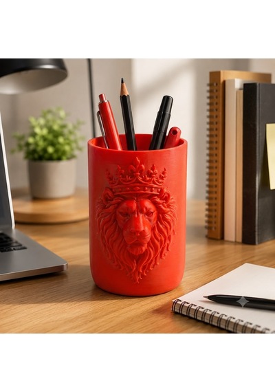 Aslan Figürlü Kalemlik Masaüstü Kalem Organizeri 10x6 Cm 3d Baskı Dekoratif Kalem Kutusu Ofis Ev Çalışma Masası Aksesuarı Kırmızı