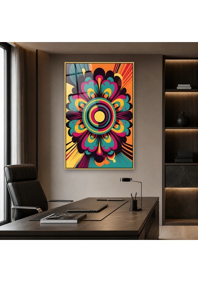 Retro Şeritli Çiçek Mandala Gold Çerçeveli Cam Tablo
