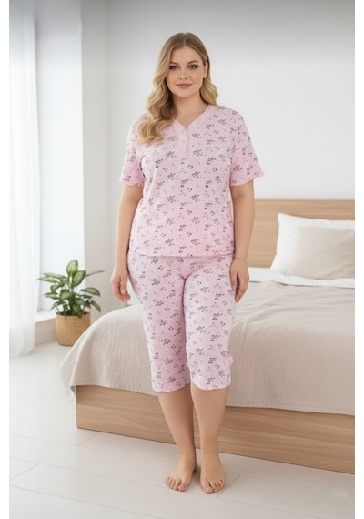 Eyfuze Kadın Büyük Beden Kısa Kollu Kapri Bambu Pijama Takımı Açık Pembe