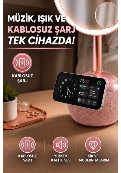 Bluetooth Hoparlör Led Işıklı Makyaj Aynalı Trm04 Rose Gold Doğum Günü Fonksiyonel Dekoratif
