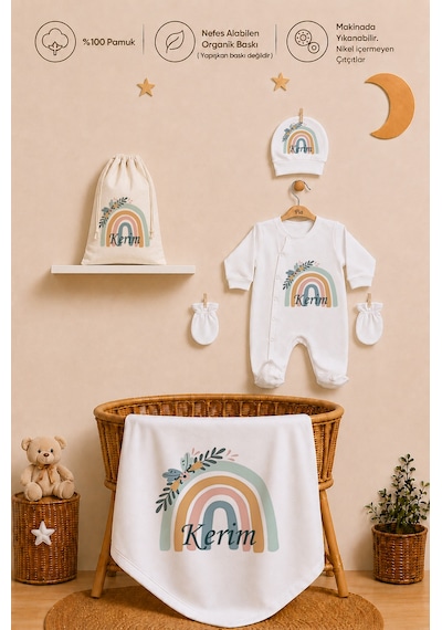 Pia Baby Erkek Bebek %100 Pamuk Hediye Seti 6 Lı İsimli Keseli Tulum Şapka Eldiven Battaniye Ve Yastık Kılıfı 1074tybk3x Krem