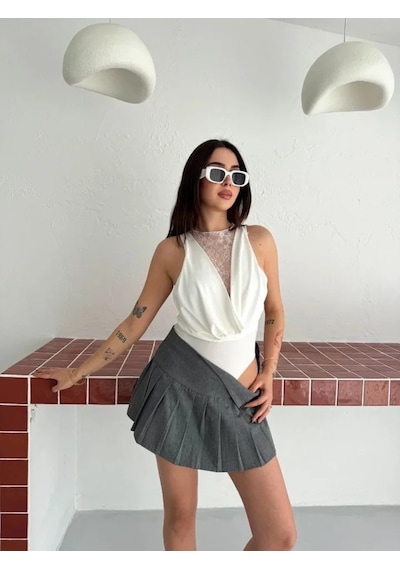 Meleners Dantel Detaylı Derin Dekolte Body Şık Kolsuz Yazlık Bodysuit - Beyaz