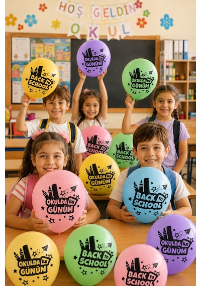 Okulda İlk Günüm 10'lu Makaron Balon Seti Çift Taraflı Back To School Okul Açılışı Diğer