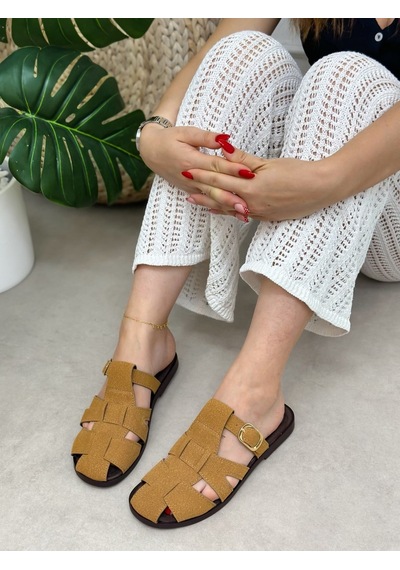 Erva'nın Butiği Camel Süet Lydia Kafes Detay Kadın Terlik-6352