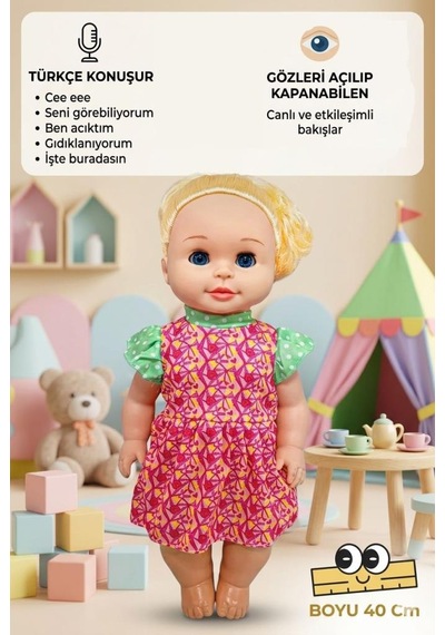 Konuşan Cansu Bebek Sesli Pilli 40cm Gözleri Açılıp Kapanan Sevimli Elbiseli Oyuncak Bebek