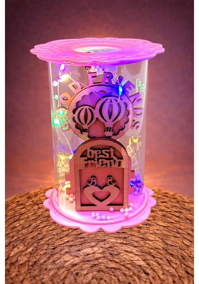 Balon Kuş Ahşap Işıklı Led Fanus Pembe