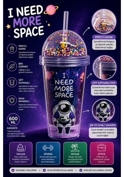Lively Pipetli Çift Katmanlı Bardak 600 Ml Astronot Desen Mor - 903311430 Mor