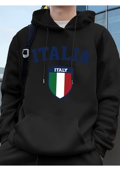 Startmore Startmoreitalya Bayrağı Baskılı Erkek Kapüşonlu Sweatshirtleri Sonbahar Kış Cepli Sweatshirtler Temel Siyah