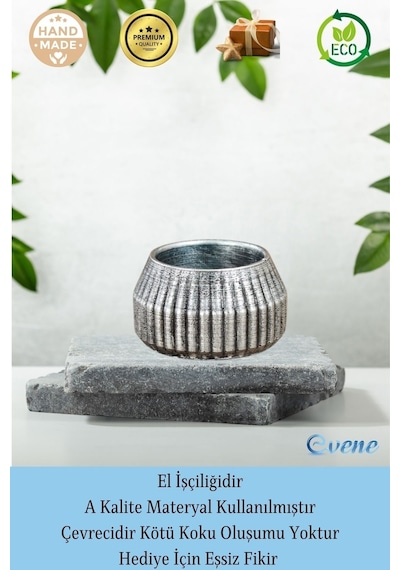 Mumluk Şamdan 3 Adet Tealight Uyumlu Çizgili Model - Gümüş Eskitme