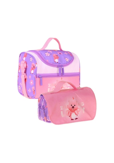 Kaukko Kids Kız Çocuk Loopy Baskılı Lila - Pembe Thermo Beslenme Çantası Ve Kalemlik Seti - Setkk-l5304