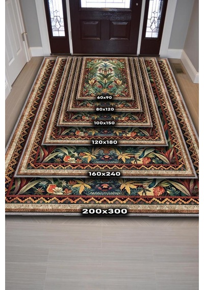 Homshtag Art Deco Botanik Orman Vintage Halı Görünümlü Dijital Baskı Yeşil Renk Rustik Çiçekli Halı Çok Renkli