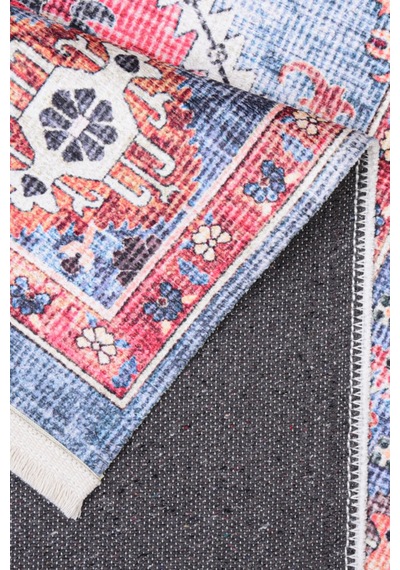 Kırmızı Mavi Oryantal Kilim Vintage Desenli, Kaymaz Taban, Yıkanabilir, Antialerjik Mavi Mavi