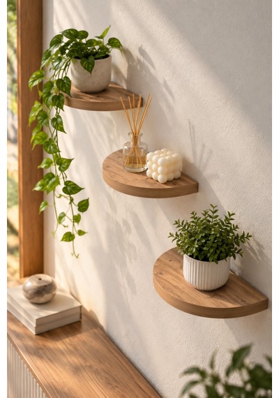 Sulorahome 3'lü Oval Duvar Rafı Ceviz Desenli 115 Cm
