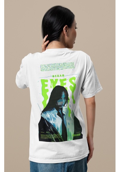 Sevbano Tasarım Billie Eilish Ocean Eyes Sırt Baskılı Unisex Oversize Şar Beyaz
