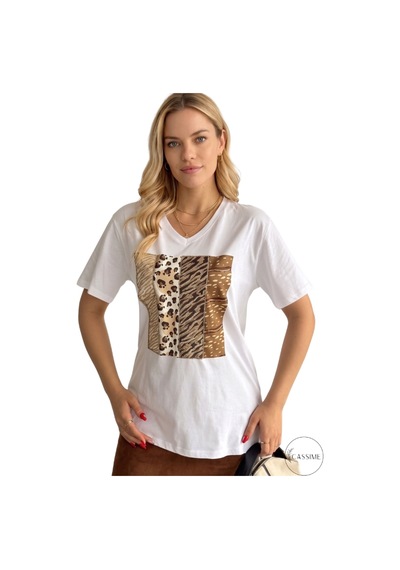 Cassime Kadın Leopar Desenli %100 Pamuk Büyük Beden Beyaz T-shirt