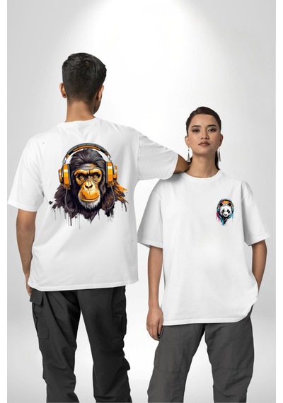 Kulaklık Ayı Panda Beyaz Oversize Unisex Ön Ve Sırt Baskılı Tişört Beyaz