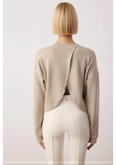 Benerly Kadın Bisiklet Yaka Standart Kol Crop Örme Sweatshirt Fonksiyonel Vizon