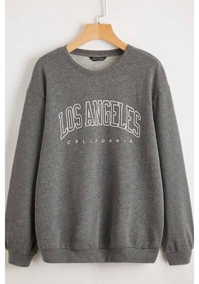 Mad Girls Koyu Antrasit Baskılı Oversize Kadın Sweatshirt Mg780