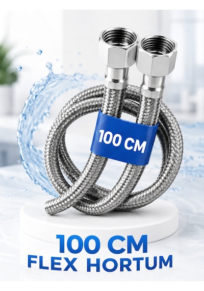 100 Cm Paslanmaz Çelik Örgülü Flex Hortum 3/8'x3/8' - Klozet Ve Taharet Musluğu İçin Dayanıklı Bağlantı Hortumu
