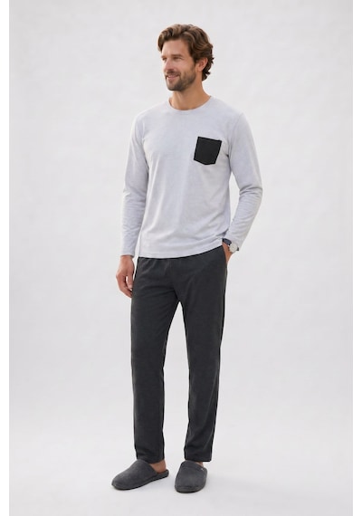 Tudors Erkek Standart Fit Rahat Kesim Uzun Kollu Pamuklu Gri Siyah Pijama Takımı-51178