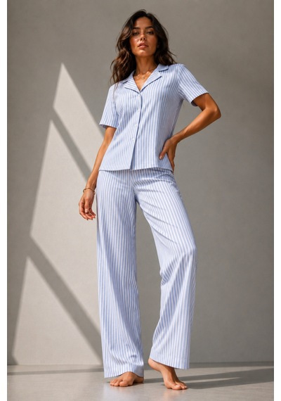 Kadın Klasik Doğal Düğme Gece Mavi Pijama Takımı