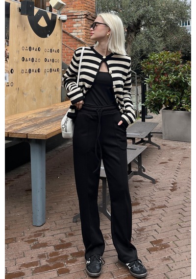 Madmext Siyah Beli Ayarlanabilir Geniş Paça Pantolon Mg2215 Siyah