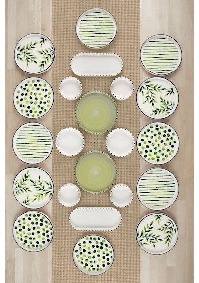 22 Parça 12 Kişilik Greentree Stackable Kahvaltı Takımı - Lüx Kahvaltılık Sunum Seti Tabağı Yeşil