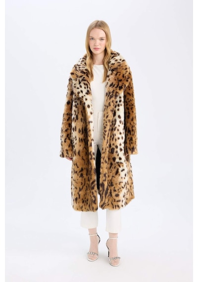 DeFacto Relax Fit Leopar Desenli Ceket Yaka Cepli Uzun Suni Kürk Kaban D4005AX24WNBN561 Kahve
