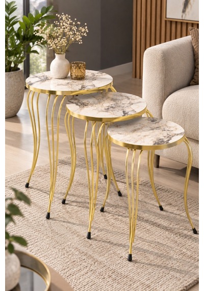 Sulorahome Beyaz Ve Gold Lükens Ayaklı 3'lü Zigon Sehpa Takımı Beyaz - Altın