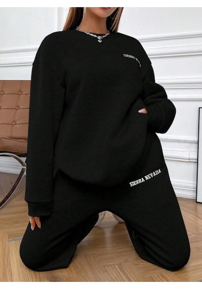 Siyah Sierra Baskılı Kapüşonlu Sweatshirt Ve Eşofman Altı Eşofman Takımı Siyah Siyah Sierra Baskılı Kapüşonlu Sweatshirt Ve Eşofman Altı Eşofman Takımı Siyah