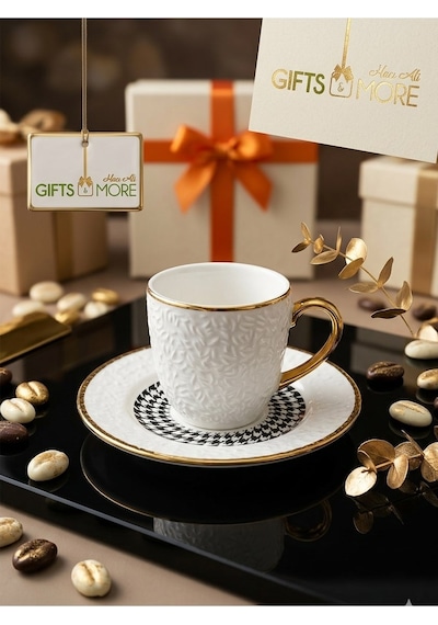 100cc 6lı Fincan Kabartma Gold Altın - Beyaz
