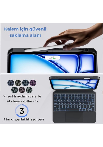 İpad Uyumlu Air 11" M2-m3 2024-25 360 Dönen Standlı Işıklı Risser Türkçe Q Klavyeli Tablet Kılıfı