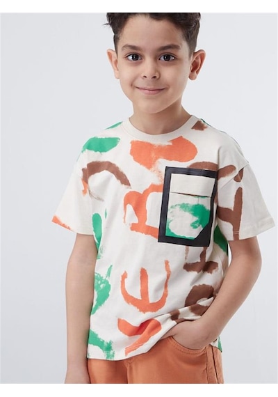 Escabel Erkek Çocuk Pamuklu Batik Desenli Yarım Kol Tshirt-12831-bej Bej