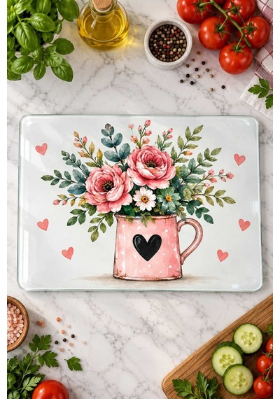Gökçeoğlu Cam Kesme Tahtası Pembe Kupada Çiçek Temalı - Cam Kesme Tablası 30cm X 40cm Çok Renkli