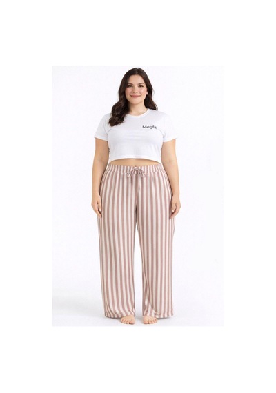 Viskon Pamuklu Kadın Büyük Beden Gül Kurusu Çizgili Pijama Pantolon - Mgb003 - Mudanis