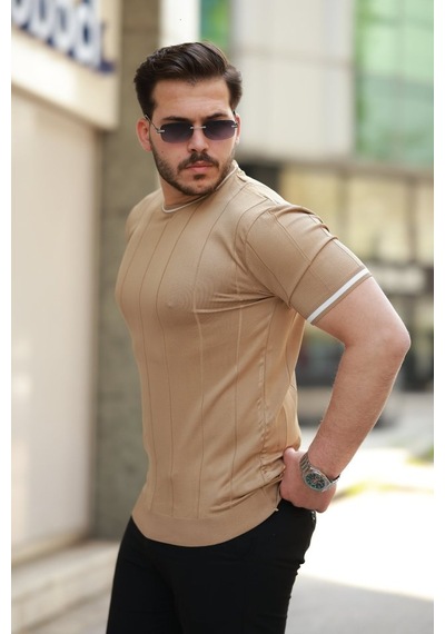 Erkek Bisiklet Yaka Çizgi Desenli Ribanalı Kısa Kollu Tshirt Altın
