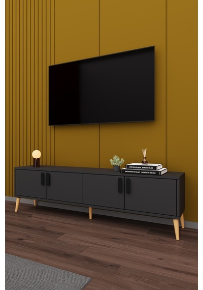 Asra Trend Tv Ünitesi T-04 %100 MDF 160 cm Tv Sehpası 4 Kapaklı Raflı Koyu Gri