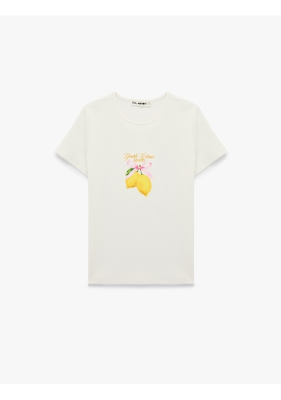 Koton Slim Fit Bisiklet Yaka Pamuklu Kısa Kollu Limon Baskılı Tişört Ekru 6sal10911ık