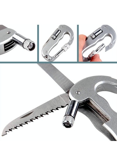 Omeniv Karabiner Kamp Çakı Fener Testere Kamp Bıçak Outdoor Anahtarlık Gümüş