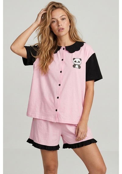 Siyah İnci Yaka Detaylı Baskılı Düğmeli Pamuklu Örme Şortlu Pijama Takımı 8009 Pembe