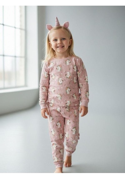 Kız Çocuk Pamuklu Baskılı Pijama Takımı-16834 Mor
