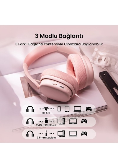 Aula G7 Pro Tri Mode Kablosuz Rgb Gaming Mikrofonlu Oyuncu Kulaklığı 7.1 Surround Ses 40mm Driver Düşük Gecikme E-spor Kulaklık Pembe