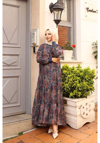 Harman Butik Kadın Astarlı Şifon Desenli Elbise Mavi Mavi