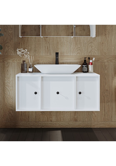 Gusto Ayaksız Lavabolu Mdf 105 Cm Çekmeceli Banyo Dolabı Beyaz Mat Beyaz